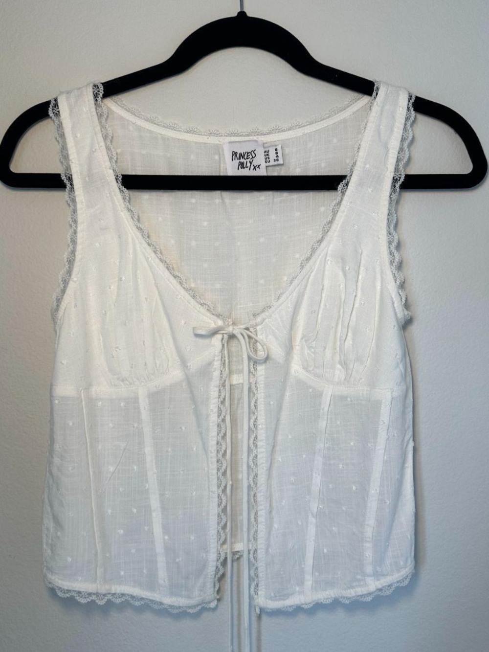 Princess Polly Vaccaro Top White - White Polka Dot Tie Front Top